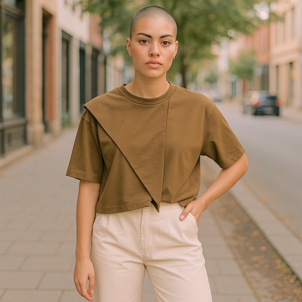 Womens Zara Trafaluc Asymmetrical Cropped Top Blouse Mustard Yellow Tan Small